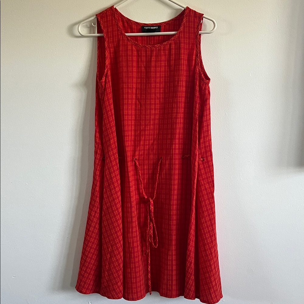 Vintage Saint Tropez West Vibrant Red and Orange Plaid Mini Dress